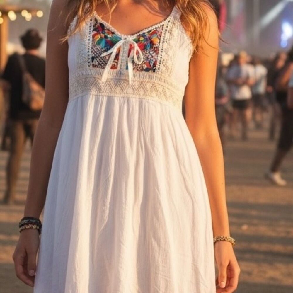 Women’s White Boho Embroidered Peasant Dress | Lace Trim Empire Waist